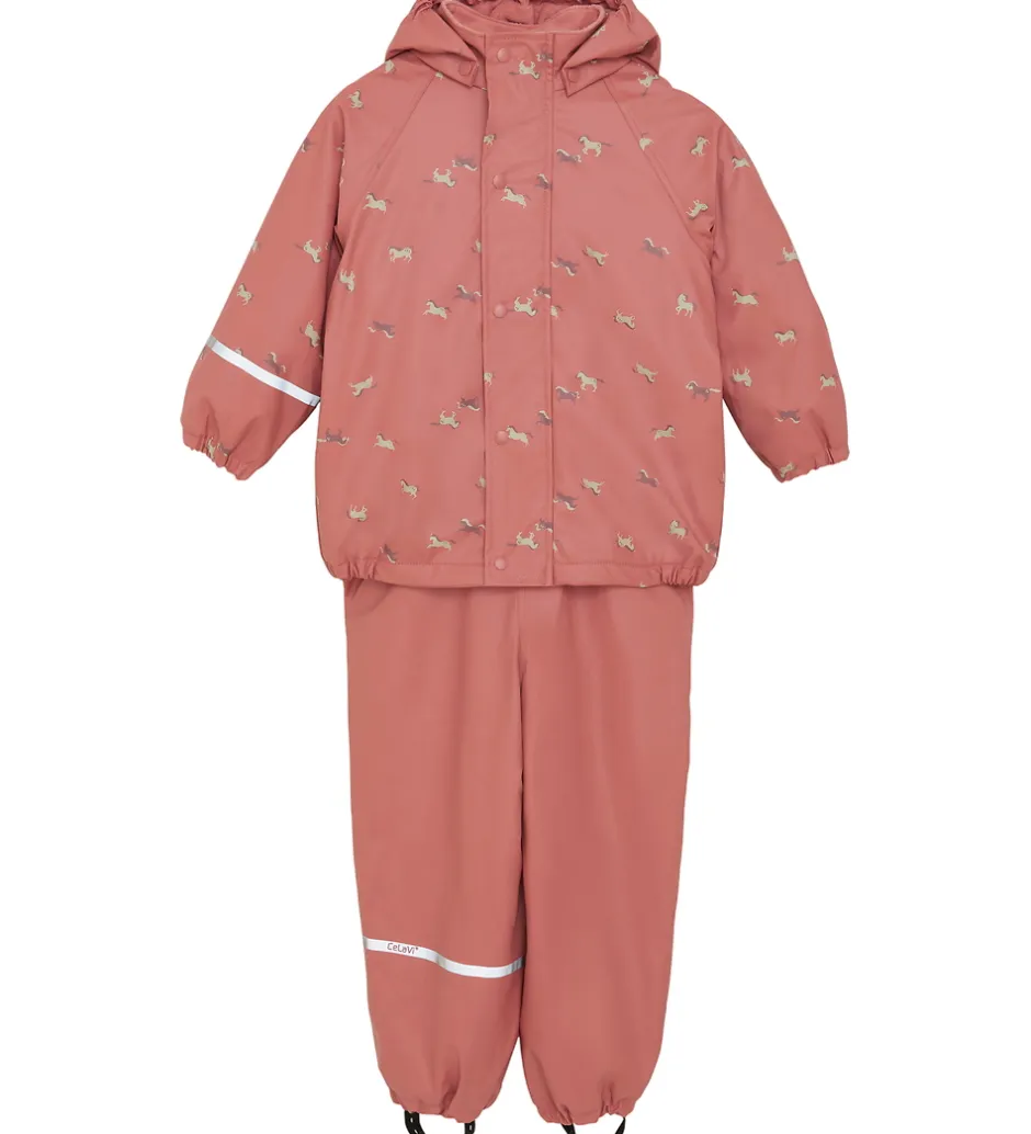 Regntøj|CeLaVi Regntøj m. Seler/Fleece - Recycle PU - Brick Dust m. Prin