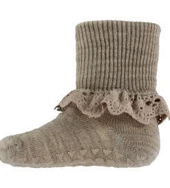 Strømper|Uld|GoBabyGo Skridsikre Strømper - Uld - Lysebrunmeleret m. Blonde