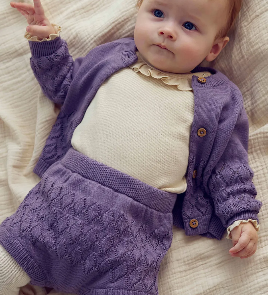 Cardigans|Striktrøjer|Müsli Cardigan - Strik - Leaf - Lilac Fog m. Hulmønster